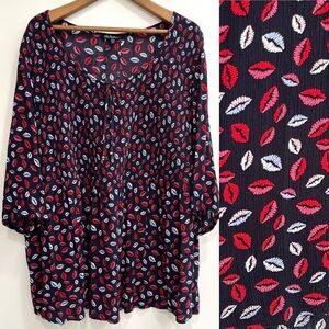 Ulla Popken Smocked Lip Print Blouse Tunic Top Flowy 3/4 Sleeves Size 20/22